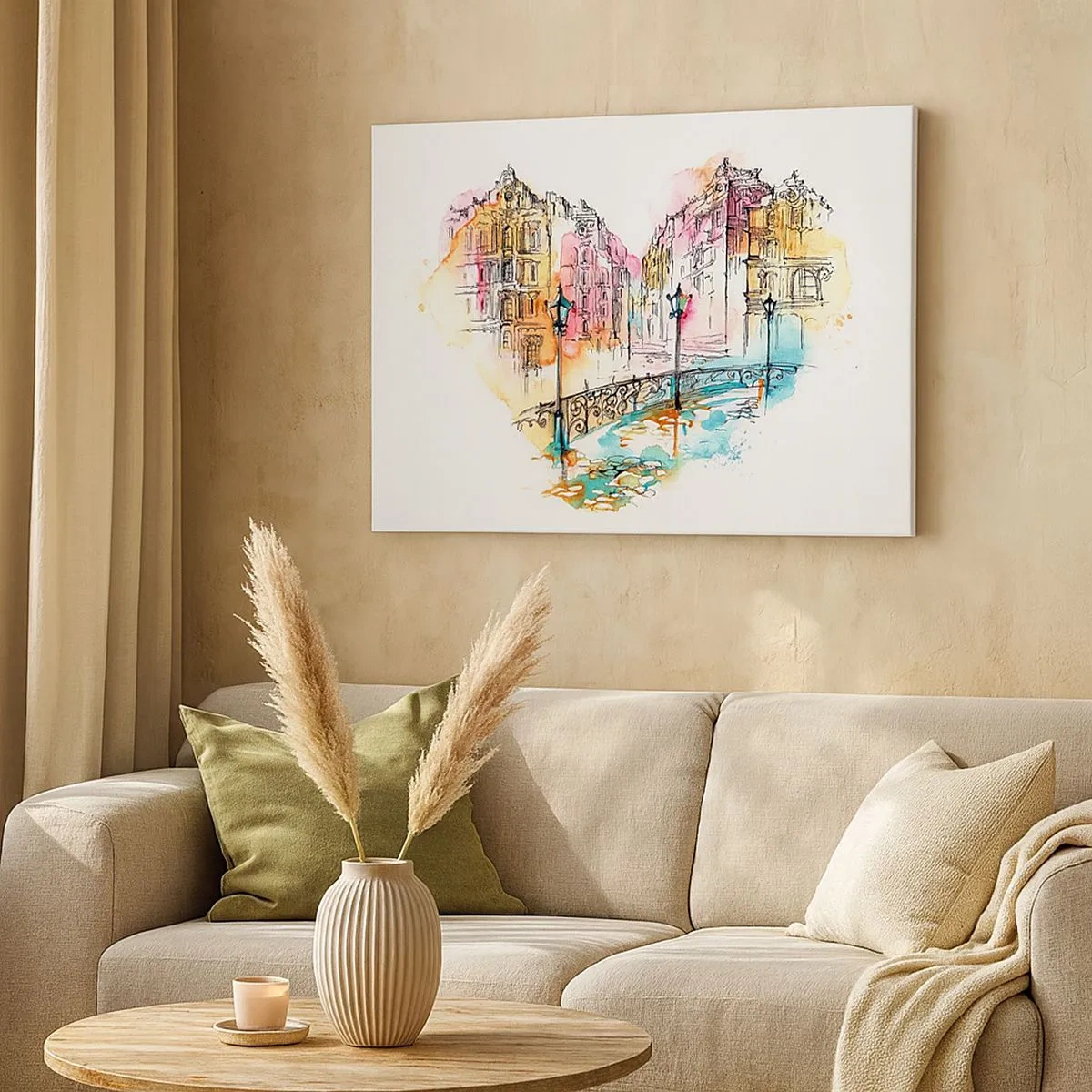 Cuadro sobre lienzo - Impresión de Imagen - Acuarela de un puente y casas de vecindad en forma de corazón - 70x50cm - El corazón de la ciudad - Decoración de pared moderna para salón y dormitorio ARTTOR
