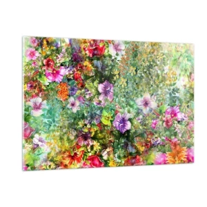 Cuadro sobre vidrio - Impresiones sobre Vidrio - Flores coloridas en una composición artística. - 120x80cm - En flores a la perdición - Decoración de pared moderna para salón y dormitorio ARTTOR