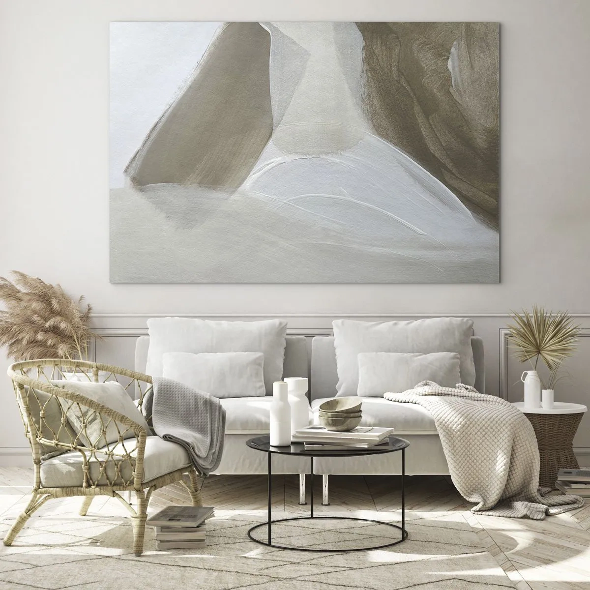 Cuadro sobre vidrio - Impresiones sobre Vidrio - Una delicada abstracción en blanco y beige con trazos suaves. - 100x70cm - Ola de blanco - Decoración de pared moderna para salón y dormitorio ARTTOR