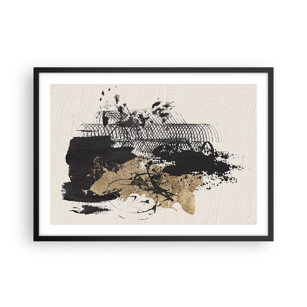 Póster en marco negro - Una pintura abstracta en negro y dorado con líneas y estructuras dinámicas. - 70x50cm - Composición con pasión - Decoración de pared moderna para salón y dormitorio ARTTOR