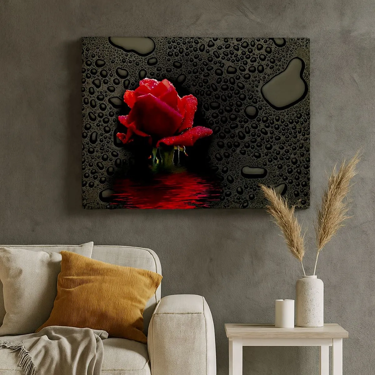 Cuadro sobre lienzo - Impresión de Imagen - Rosa roja con gotas de agua sobre un fondo oscuro - 70x50cm - Rojo y negro - Decoración de pared moderna para salón y dormitorio ARTTOR
