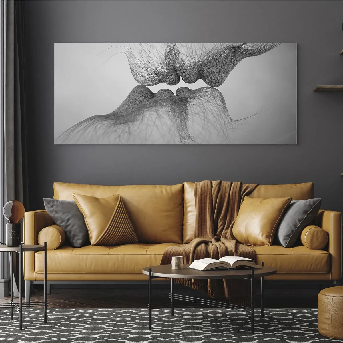 Cuadro sobre vidrio - Impresiones sobre Vidrio - Un beso abstracto presentado en forma etérea. - 160x50cm - Beso del viento - Decoración de pared moderna para salón y dormitorio ARTTOR