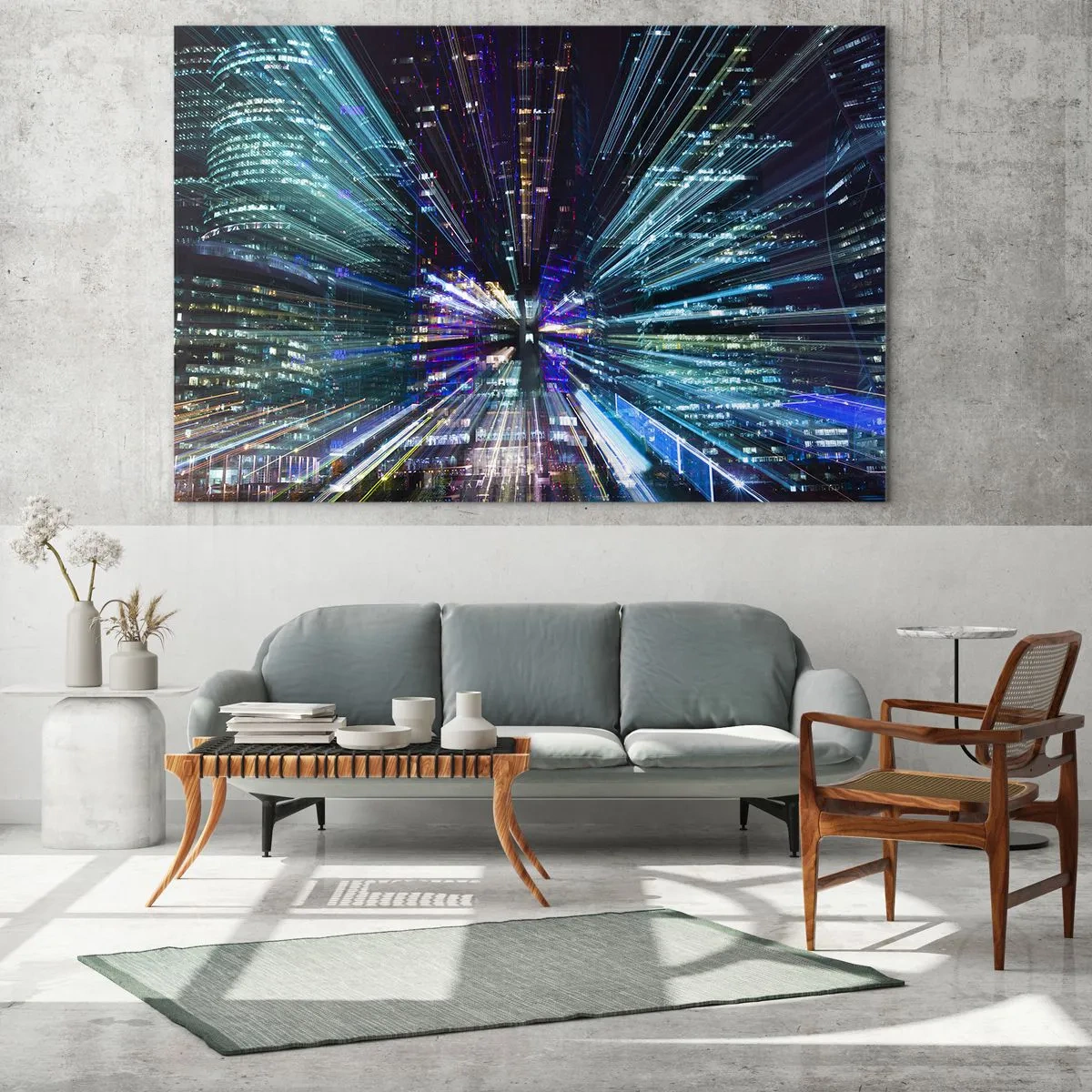 Cuadro sobre vidrio - Impresiones sobre Vidrio - Líneas de luz dinámicas con el telón de fondo de una ciudad nocturna. - 70x50cm - Cruzando el hiperespacio - Decoración de pared moderna para salón y dormitorio ARTTOR