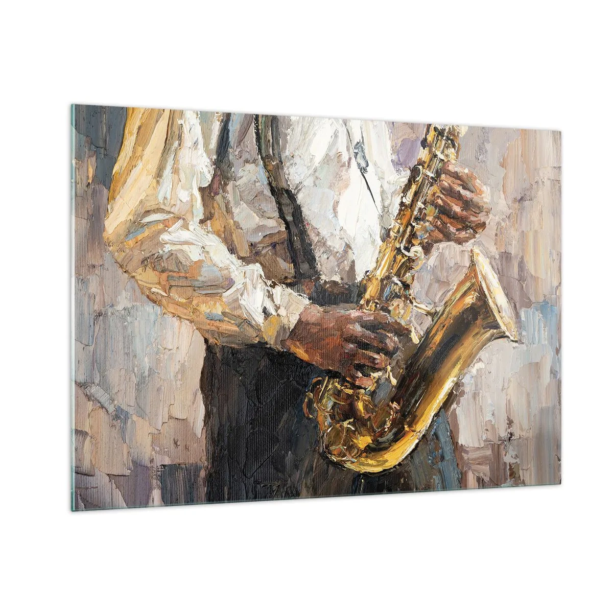 Cuadro sobre vidrio - Impresiones sobre Vidrio - Un músico tocando el saxofón pintado con la técnica del empaste. - 100x70cm - Llegó el momento del solo - Decoración de pared moderna para salón y dormitorio ARTTOR