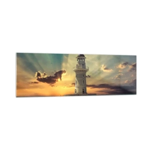 Cuadro sobre vidrio - Impresiones sobre Vidrio - Un faro al atardecer contra el cielo. - 160x50cm - Luz - Bondad - Belleza - Decoración de pared moderna para salón y dormitorio ARTTOR
