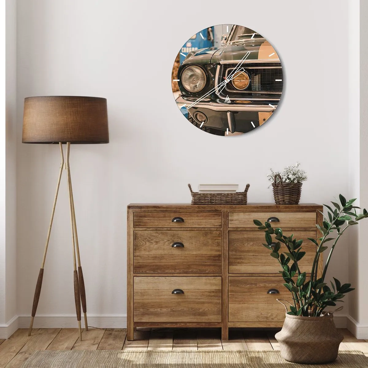 Reloj de pared - Reloj de vidrio - Primer plano de un muscle car clásico americano - 30x30cm - Encuentro con una leyenda - Decoración de pared moderna para salón, cocina y dormitorio ARTTOR