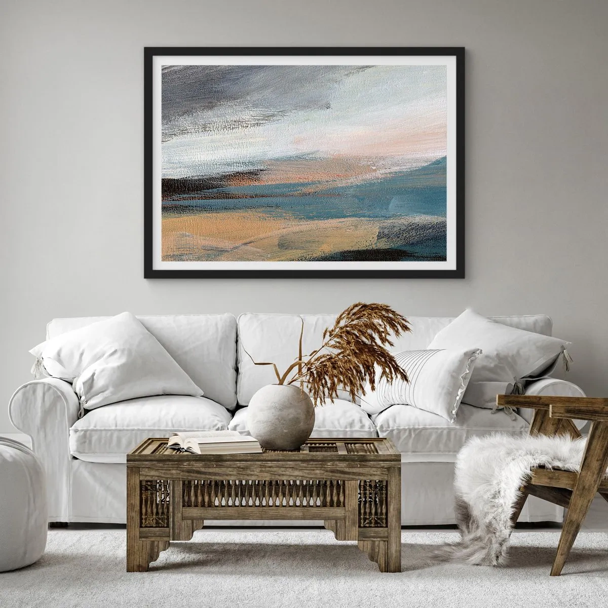 Póster en marco negro - Paisaje abstracto en tonos tenues de azul y beige. - 100x70cm - Abstracción: paisaje nórdico - Decoración de pared moderna para salón y dormitorio ARTTOR