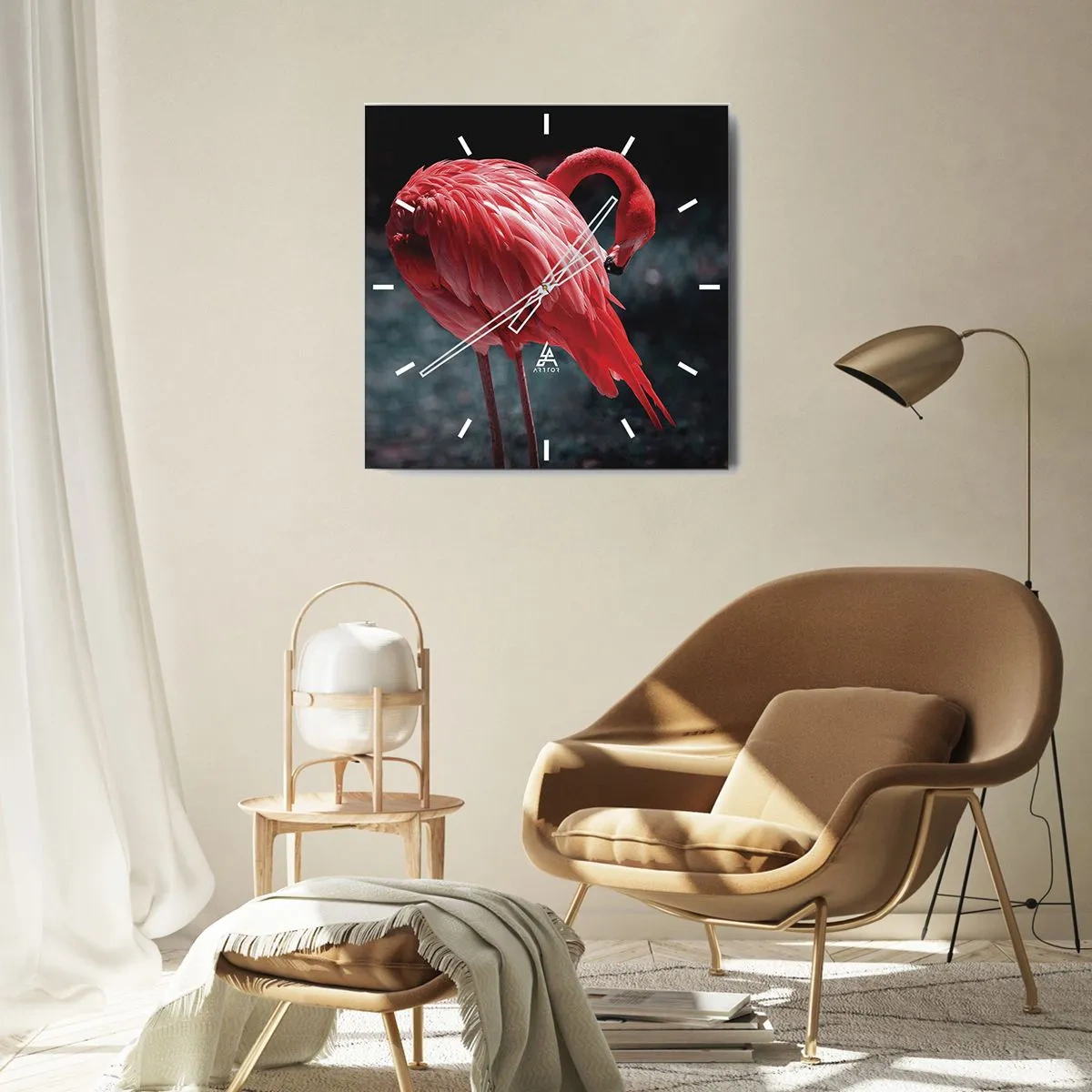 Reloj de pared - Reloj de vidrio - Un flamenco rosa sobre un fondo verde oscuro. - 30x30cm - Un poema carmesí de la naturaleza - Decoración de pared moderna para salón y dormitorio ARTTOR