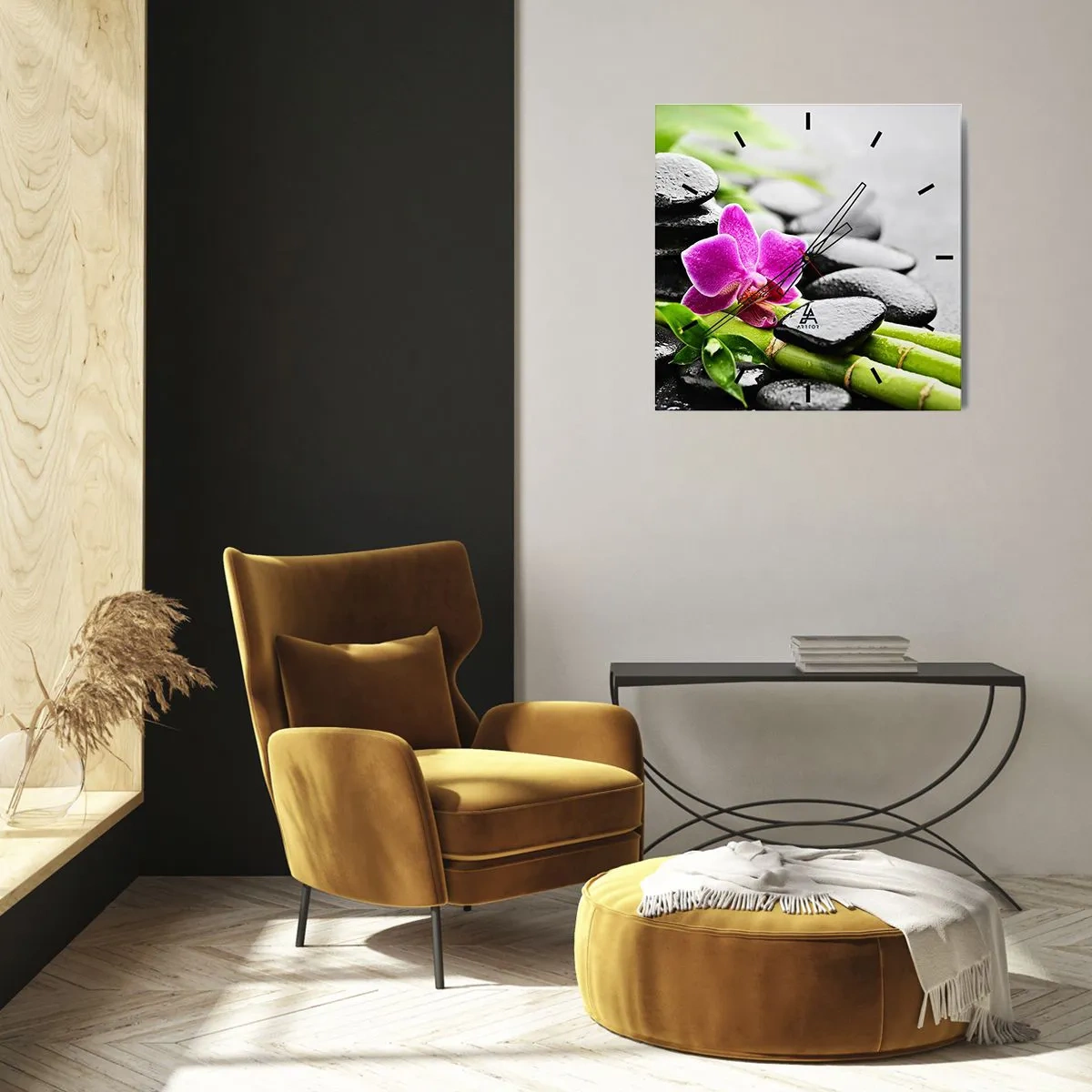 Reloj de pared - Reloj de vidrio - Orquídea morada, piedras negras y bambú en una composición tranquila. - 30x30cm - En equilibrio pacífico - Decoración de pared moderna para salón y dormitorio ARTTOR