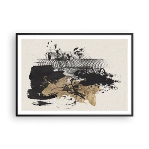 Póster en marco negro - Una pintura abstracta en negro y dorado con líneas y estructuras dinámicas. - 100x70cm - Composición con pasión - Decoración de pared moderna para salón y dormitorio ARTTOR