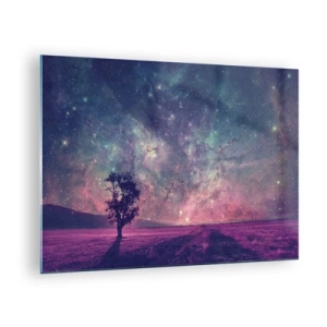 Cuadro sobre vidrio - Impresiones sobre Vidrio - Un árbol con el cielo estrellado y una galaxia como telón de fondo. - 70x50cm - Bajo un cielo mágico - Decoración de pared moderna para salón y dormitorio ARTTOR