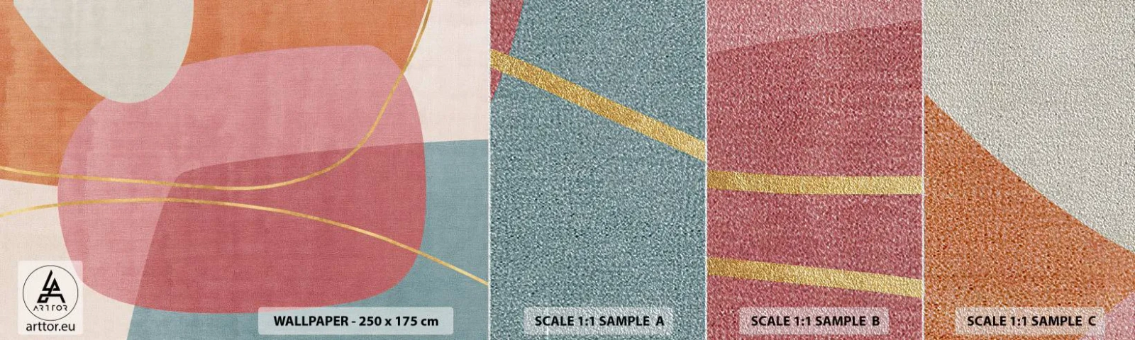 Muestra de fotomural Premium Sand - Composición en pastel con hilos de oro - Abstracción, Minimalismo, formas - 100x30 cm