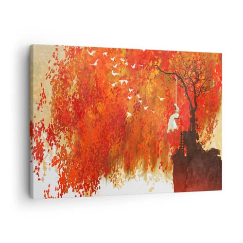 Cuadro sobre lienzo - Impresión de Imagen - Una figura en un columpio junto a un árbol rodeado de hojas rojas. - 70x50cm - ¿Volará con ellos? - Decoración de pared moderna para salón y dormitorio ARTTOR