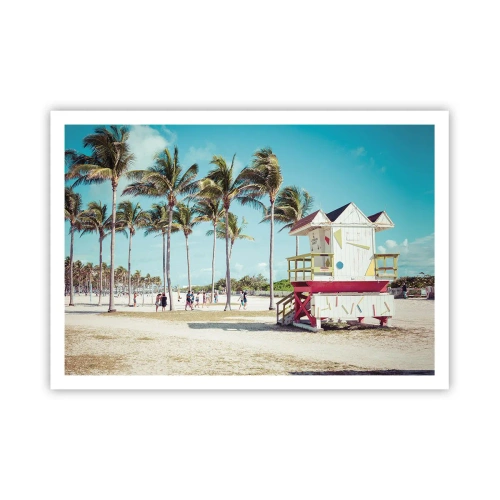Póster - Una playa con palmeras y una torre de salvavidas al fondo. - 100x70cm - Un hermoso día por delante - Decoración de pared moderna para salón y dormitorio ARTTOR