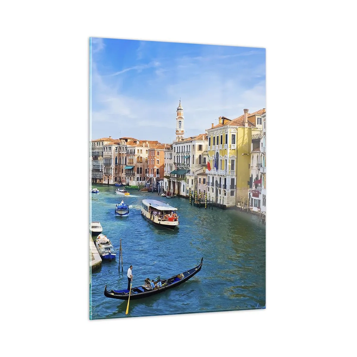 Cuadro sobre vidrio - Impresiones sobre Vidrio - Un canal en Venecia con góndolas y barcos en el agua. - 50x70cm - Tráfico único en el mundo - Decoración de pared moderna para salón y dormitorio ARTTOR