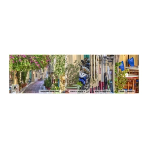 Muestra de fotomural autoadhesivo Deluxe Sticker - Un callejón floreciente - Arquitectura, Grecia, Ciudad - 100x30 cm