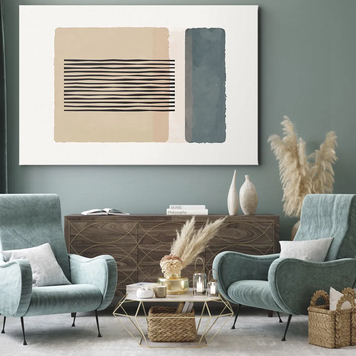 Cuadro sobre lienzo - Impresión de Imagen - Formas geométricas minimalistas en tonos beige y verdes. - 70x50cm - Todo en orden - Decoración de pared moderna para salón y dormitorio ARTTOR