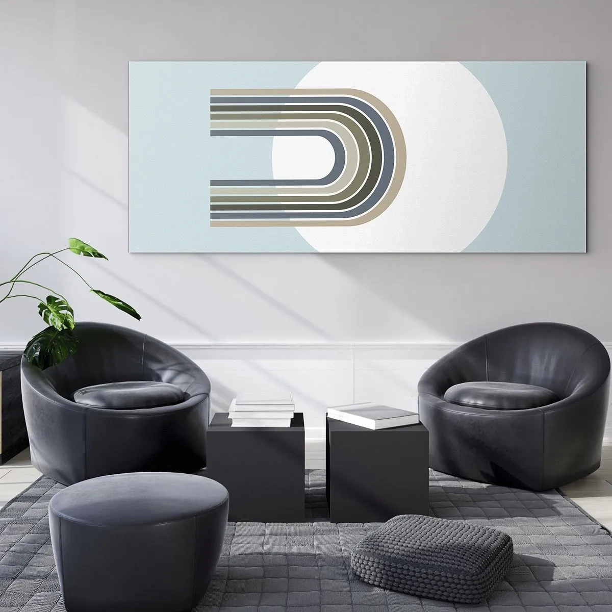 Cuadro sobre vidrio - Impresiones sobre Vidrio - Una composición minimalista con un círculo y líneas sobre un fondo pastel. - 140x50cm - Una atracción irresistible - Decoración de pared moderna para salón y dormitorio ARTTOR