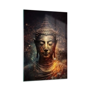 Cuadro sobre vidrio - Impresiones sobre Vidrio - Buda dorado sobre un fondo oscuro con adornos. - 70x100cm - Equilibrio espiritual - Decoración de pared moderna para salón y dormitorio ARTTOR