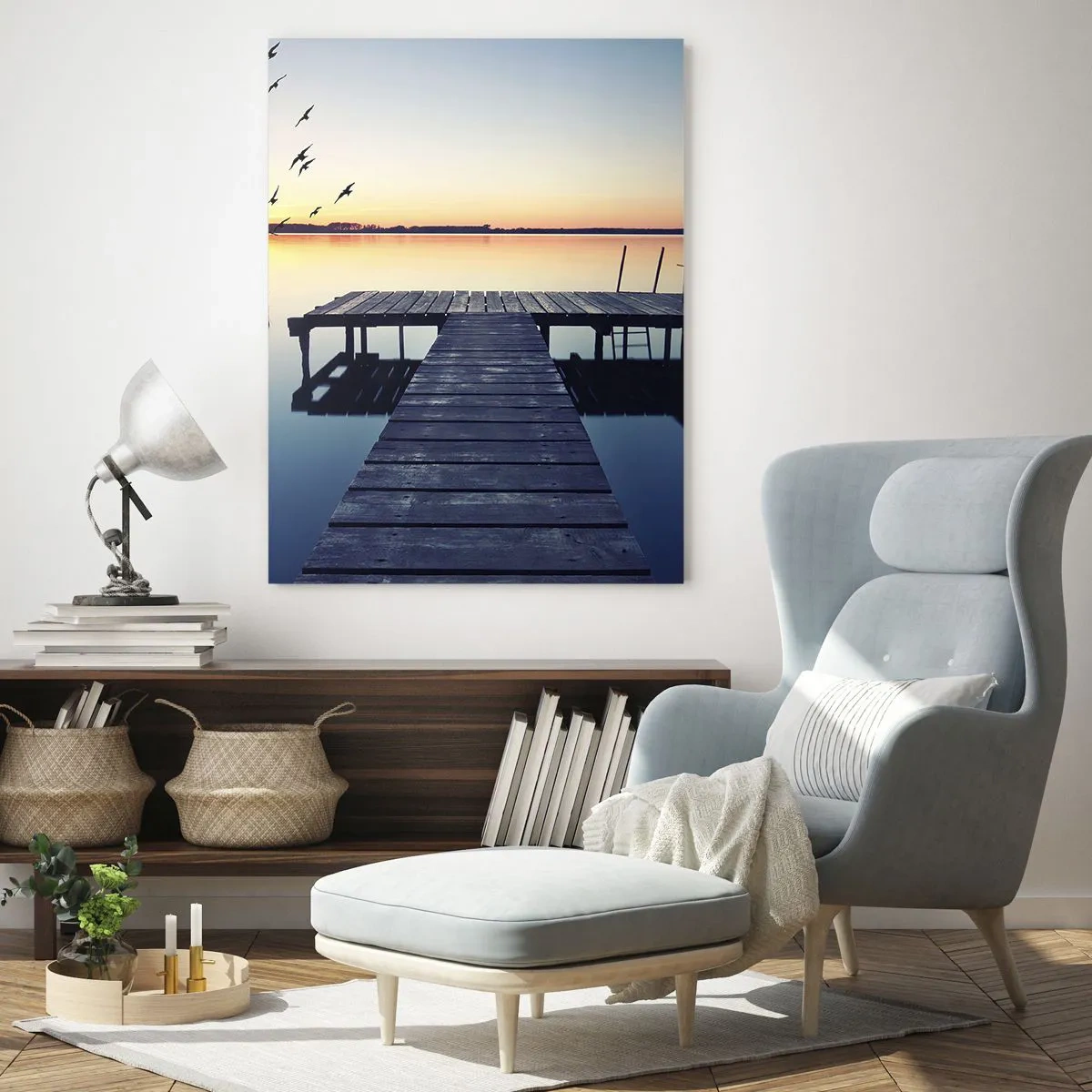 Cuadro sobre vidrio - Impresiones sobre Vidrio - Muelle de madera en un lago al amanecer con pájaros - 80x120cm - Fue un buen día - Decoración de pared moderna para salón y dormitorio ARTTOR
