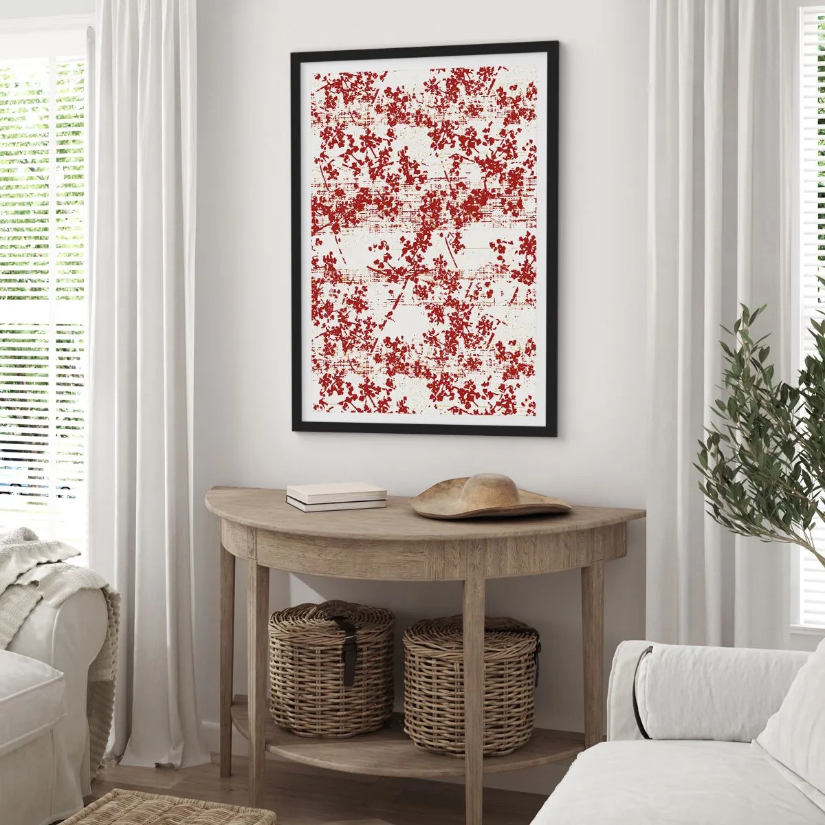 Póster en marco negro - Acentos florales rojos sobre un fondo claro. - 50x70cm - Como un viejo percal - Decoración de pared moderna para salón y dormitorio ARTTOR