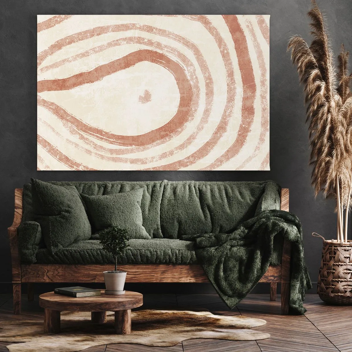 Cuadro sobre lienzo - Impresión de Imagen - Un motivo abstracto de líneas concéntricas en tonos terracota. - 120x80cm - Círculos de coral - composición - Decoración de pared moderna para salón y dormitorio ARTTOR