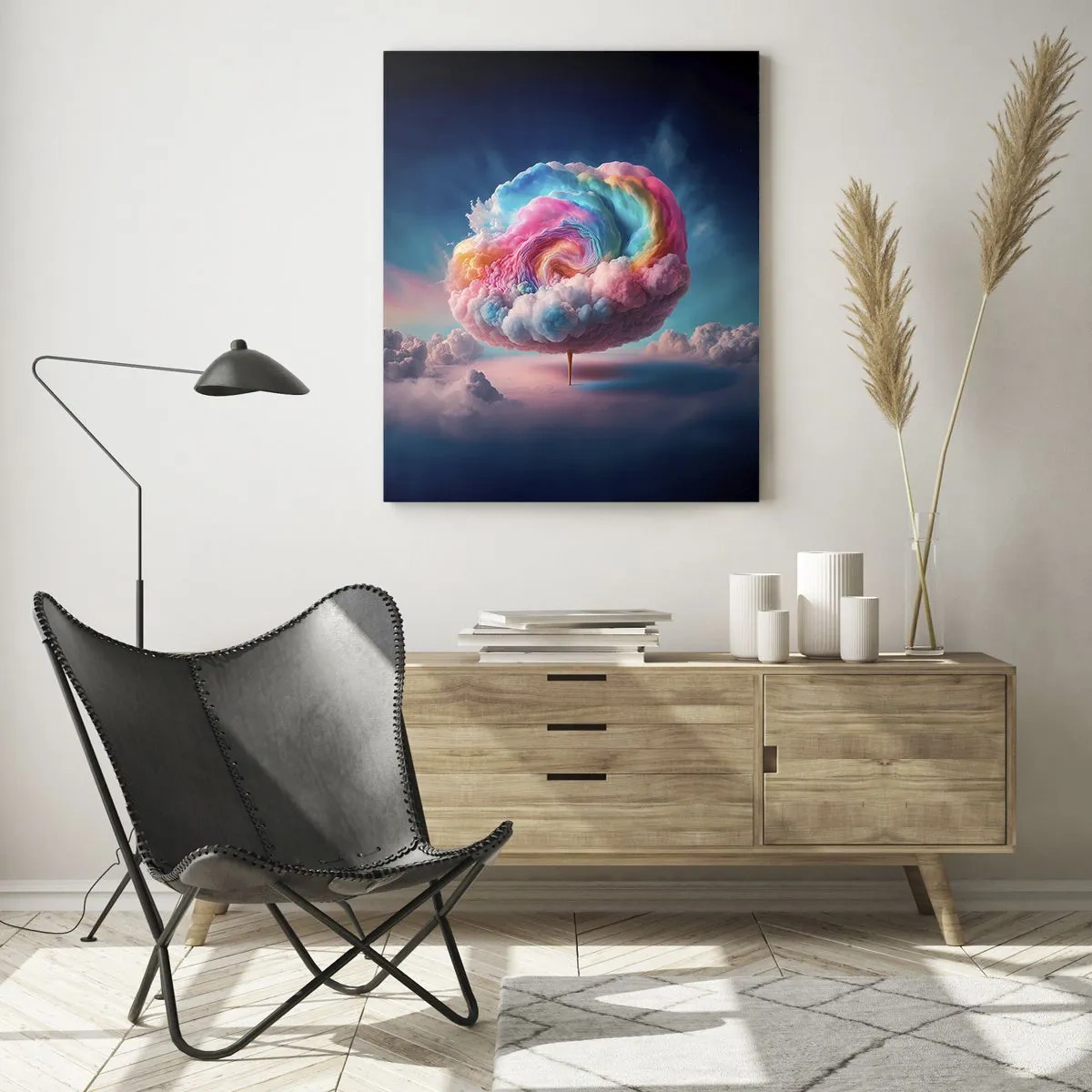 Cuadro sobre vidrio - Impresiones sobre Vidrio - Una nube en forma de espiral con colores pastel en el cielo. - 70x100cm - El sueño de un parque de atracciones - Decoración de pared moderna para salón y dormitorio ARTTOR