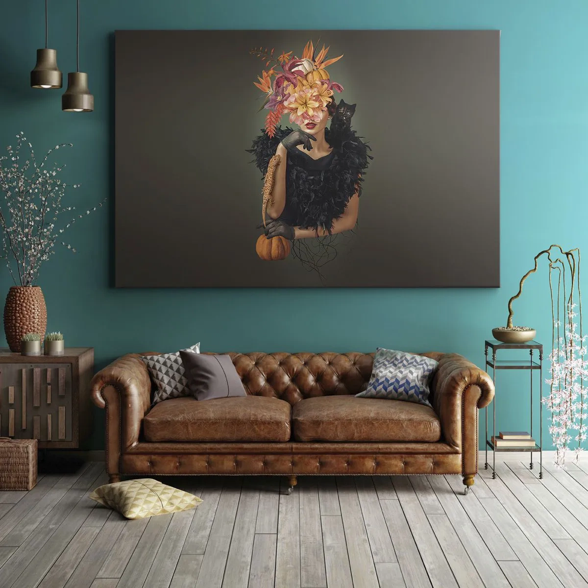 Cuadro sobre lienzo - Impresión de Imagen - Retrato de una mujer con motivos otoñales y un gato. - 70x50cm - Hechizo de bruja - Decoración de pared moderna para salón y dormitorio ARTTOR