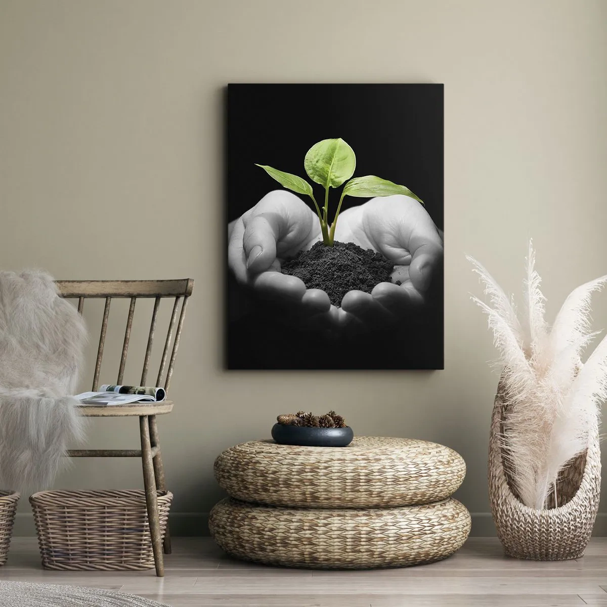 Cuadro sobre lienzo - Impresión de Imagen - Manos sosteniendo una planta verde sobre un fondo negro - 50x70cm - Amo la naturaleza, la protejo - Decoración de pared moderna para salón y dormitorio ARTTOR