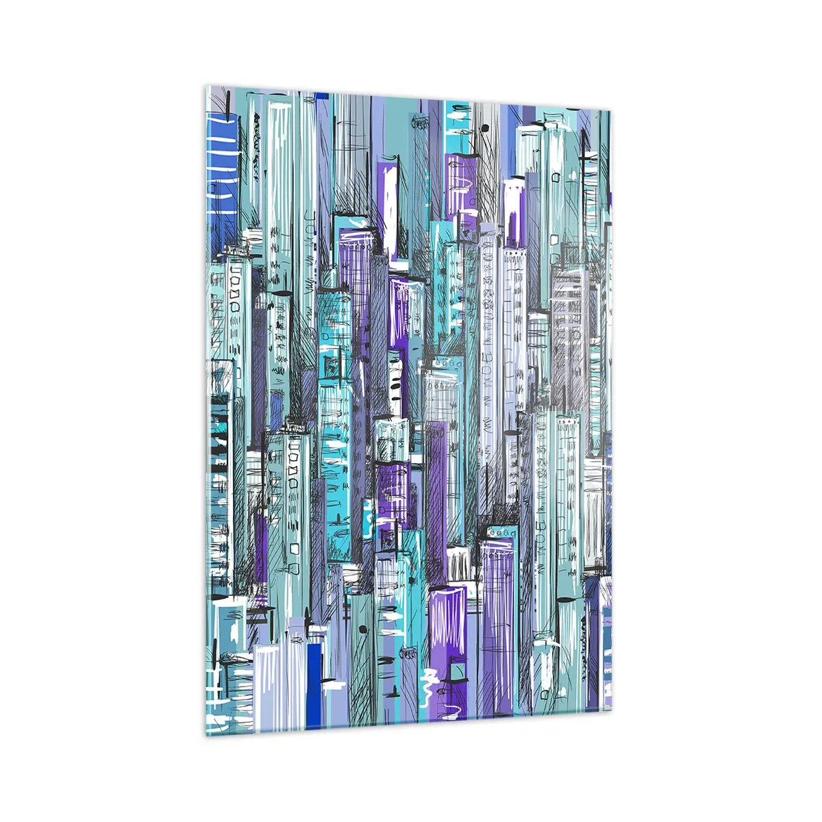 Cuadro sobre vidrio - Impresiones sobre Vidrio - Ilustración de una ciudad llena de rascacielos en tonos fríos. - 50x70cm - Azul del cielo - Decoración de pared moderna para salón y dormitorio ARTTOR