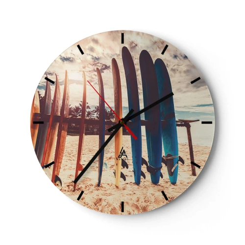 Reloj de pared - Reloj de vidrio - Tablas de surf alineadas en la playa al atardecer - 30x30cm - Buenas noches, hasta mañana - Decoración de pared moderna para salón, cocina y dormitorio ARTTOR