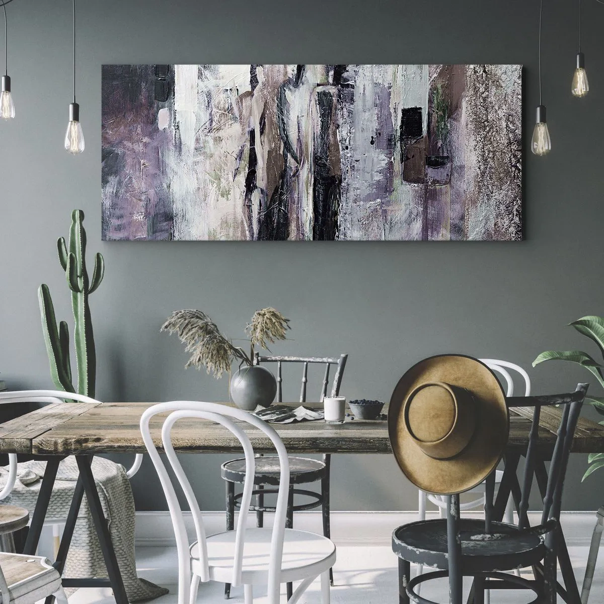 Cuadro sobre lienzo - Impresión de Imagen - Una composición abstracta con tres figuras en colores pastel. - 140x50cm - El trío misterioso - Decoración de pared moderna para salón y dormitorio ARTTOR