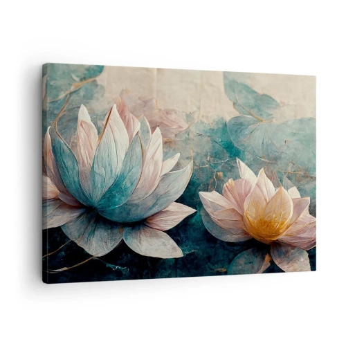 Cuadro sobre lienzo - Impresión de Imagen - Nenúfares sutiles en tonos pastel de azul y dorado. - 70x50cm - Estrellas de lago - Decoración de pared moderna para salón y dormitorio ARTTOR