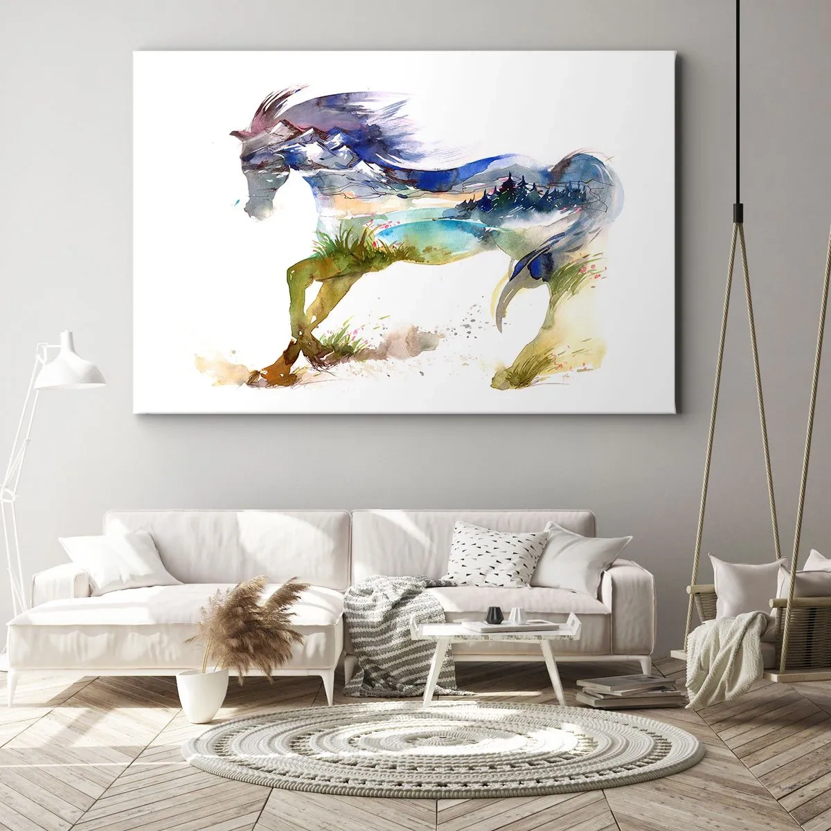 Cuadro sobre lienzo - Impresión de Imagen - Acuarela de un caballo con un paisaje de montaña en silueta. - 120x80cm - De la pradera al cielo - Decoración de pared moderna para salón y dormitorio ARTTOR