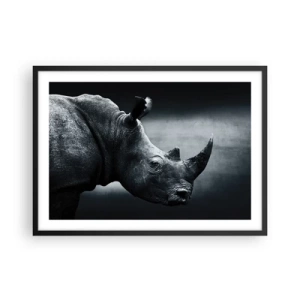 Póster en marco negro - Retrato en blanco y negro de un rinoceronte sobre un fondo oscuro. - 70x50cm - Perfil derecho - Decoración de pared moderna para salón y dormitorio ARTTOR