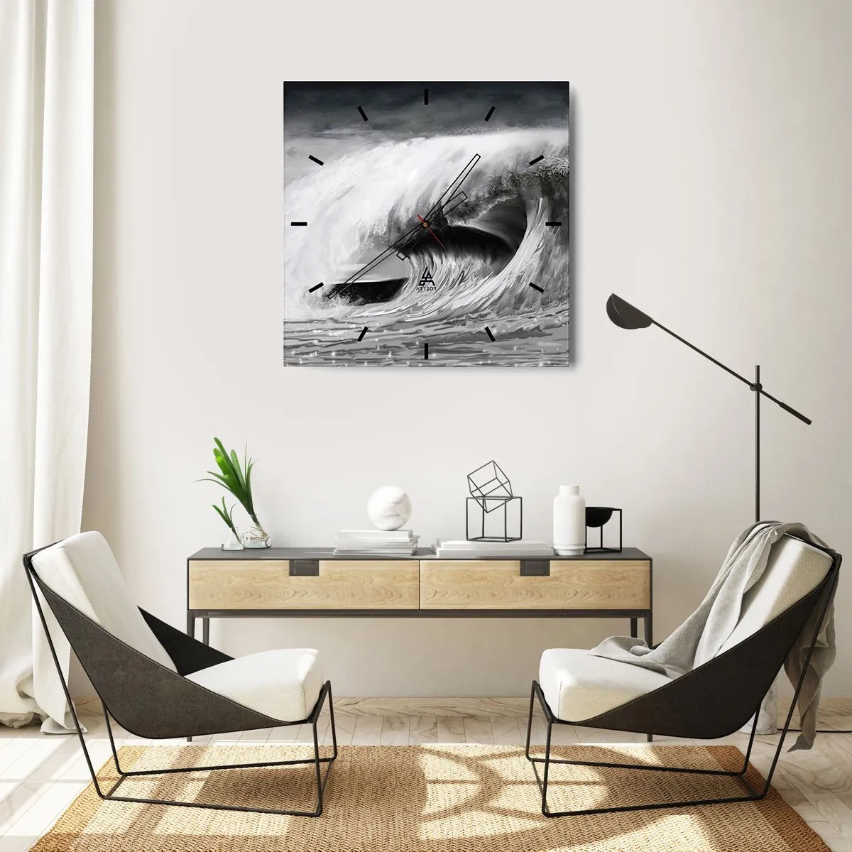 Reloj de pared - Reloj de vidrio - Ola oceánica dramática en monocromo - 30x30cm - La ira del océano - Decoración de pared moderna para salón y dormitorio ARTTOR