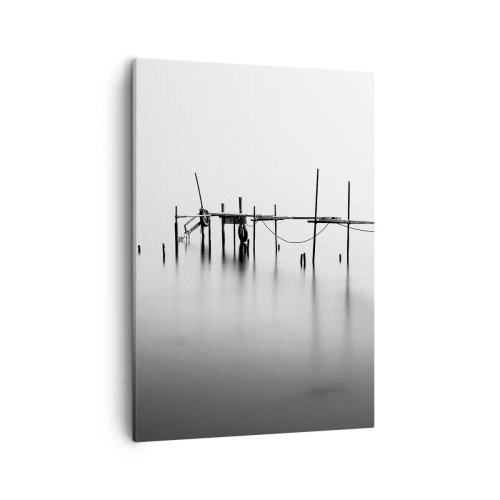 Cuadro sobre lienzo - Impresión de Imagen - Un embarcadero en blanco y negro inmerso en un paisaje brumoso. - 50x70cm - ¿Y si no hay mundo? - Decoración de pared moderna para salón y dormitorio ARTTOR