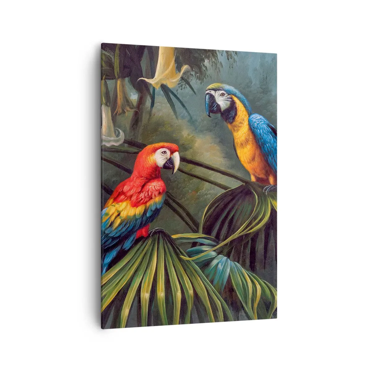 Cuadro sobre lienzo - Impresión de Imagen - Loros en un bosque tropical con flores exóticas al fondo. - 70x100cm - Romanticismo en los trópicos - Decoración de pared moderna para salón y dormitorio ARTTOR