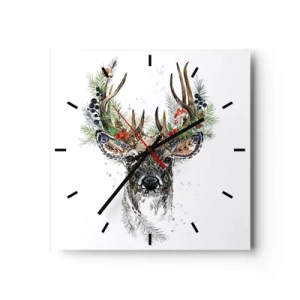 Reloj de pared - Reloj de vidrio - Ciervo estilizado con astas decorativas sobre un fondo blanco. - 30x30cm - Con vestimenta festiva - Decoración de pared moderna para salón y dormitorio ARTTOR