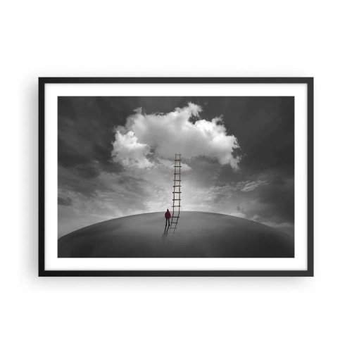 Póster en marco negro - Una persona con un abrigo rojo y una escalera que conduce a una nube. - 70x50cm - Todo es posible - Decoración de pared moderna para salón y dormitorio ARTTOR