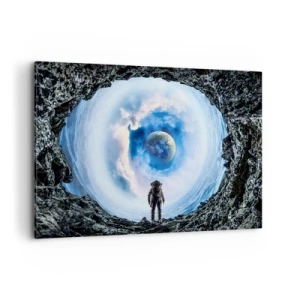 Cuadro sobre lienzo - Impresión de Imagen - Astronauta frente a un paisaje espacial con la Tierra al fondo - 100x70cm - No muy lejos de casa - Decoración de pared moderna para salón y dormitorio ARTTOR