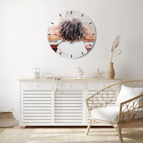 Reloj de pared - Reloj de vidrio - Un niño tocando el piano, visto desde atrás en un estilo artístico. - 30x30cm - Descubriendo un mundo nuevo - Decoración de pared moderna para salón, cocina y dormitorio ARTTOR