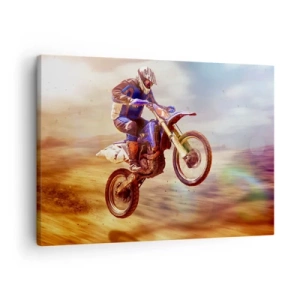 Cuadro sobre lienzo - Impresión de Imagen - Un motociclista en vuelo durante un dinámico recorrido todoterreno. - 70x50cm - Vértigo sobre dos ruedas - Decoración de pared moderna para salón y dormitorio ARTTOR