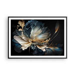 Póster en marco negro - Una flor en tonos dorados y azul marino sobre un fondo negro. - 100x70cm - Flor de helecho de cuento - Decoración de pared moderna para salón y dormitorio ARTTOR