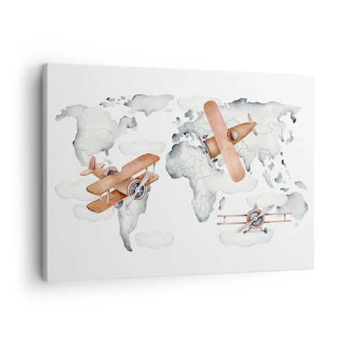 Cuadro sobre lienzo - Impresión de Imagen - Ilustración de un mapa del mundo con aviones - 70x50cm - Con espíritu pionero - Decoración de pared moderna para salón y dormitorio ARTTOR