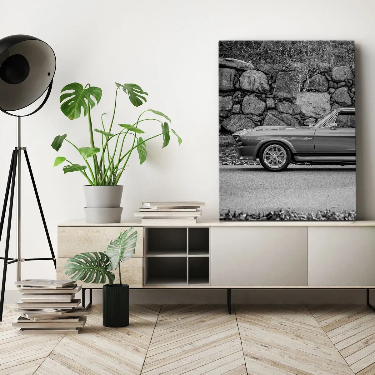 Cuadro sobre lienzo - Impresión de Imagen - Fotografía en blanco y negro de un coche clásico. - 80x120cm - Una leyenda de los años 60 - Decoración de pared moderna para salón y dormitorio ARTTOR