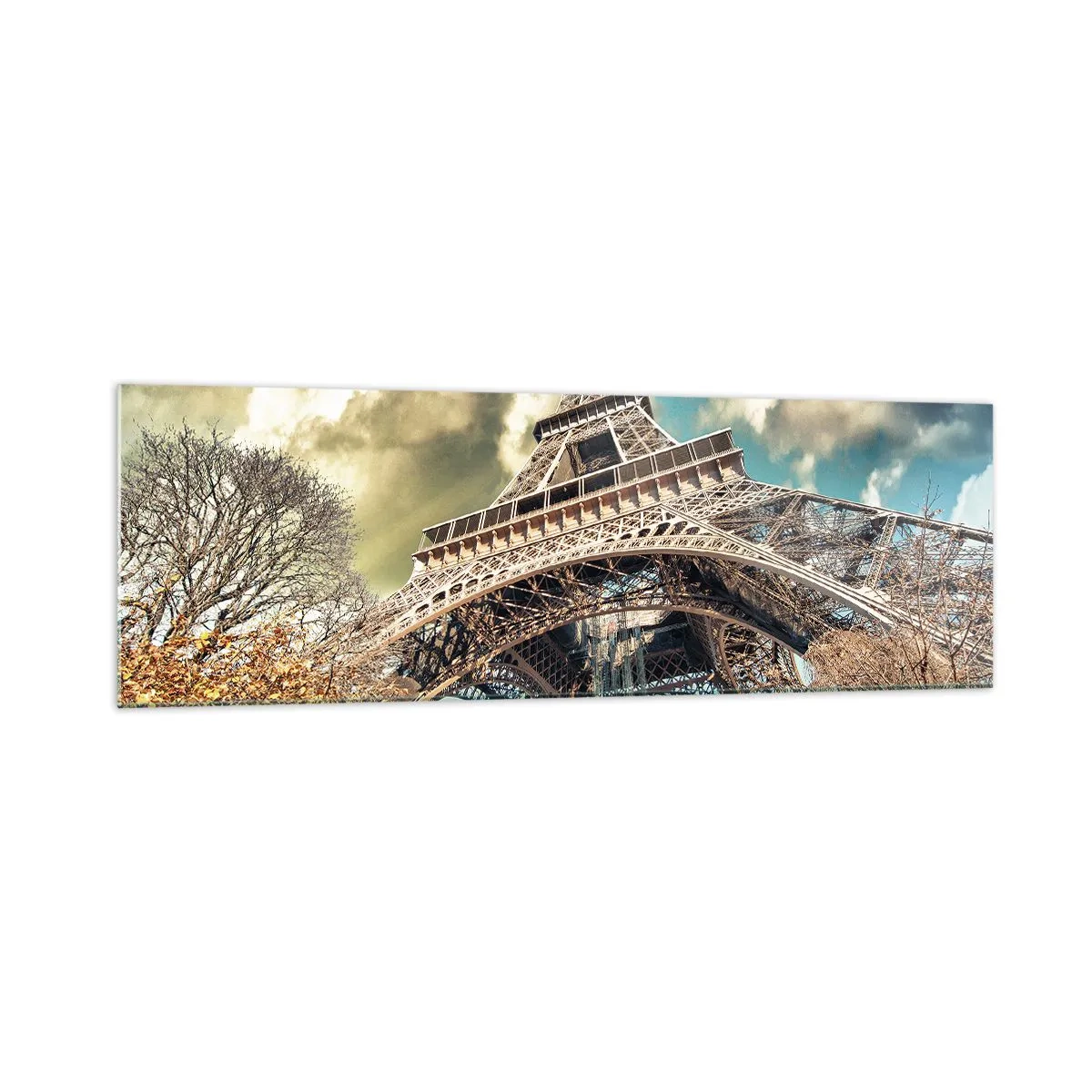 Cuadro sobre vidrio - Impresiones sobre Vidrio - La Torre Eiffel desde abajo en un entorno otoñal - 160x50cm - Y en París, en otoño... - Decoración de pared moderna para salón y dormitorio ARTTOR