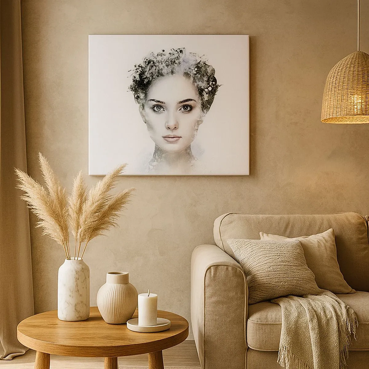 Cuadro sobre lienzo - Impresión de Imagen - Un retrato artístico de una mujer con delicados acentos abstractos. - 70x50cm - Un retrato extremadamente elegante - Decoración de pared moderna para salón y dormitorio ARTTOR