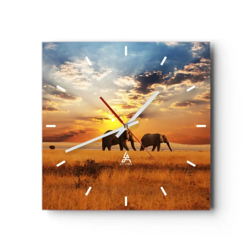 Reloj de pared - Reloj de vidrio - Elefantes en la sabana al atardecer - 30x30cm - Un paseo en familia - Decoración de pared moderna para salón y dormitorio ARTTOR