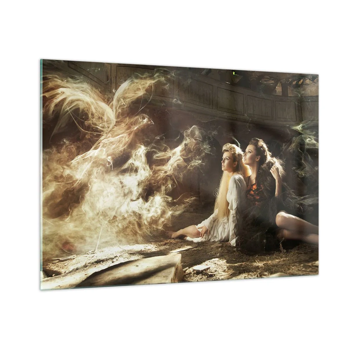 Cuadro sobre vidrio - Impresiones sobre Vidrio - Dos mujeres con un fénix ardiente en un entorno mágico - 100x70cm - Y hubo poesía - Decoración de pared moderna para salón y dormitorio ARTTOR